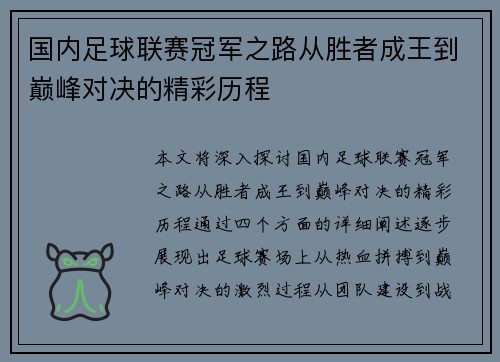 国内足球联赛冠军之路从胜者成王到巅峰对决的精彩历程