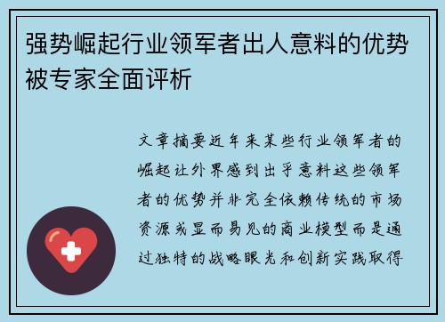 强势崛起行业领军者出人意料的优势被专家全面评析