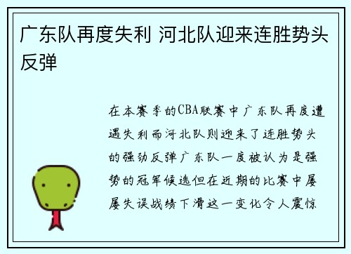 广东队再度失利 河北队迎来连胜势头反弹