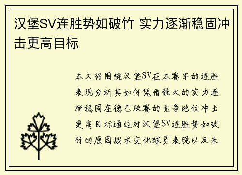 汉堡SV连胜势如破竹 实力逐渐稳固冲击更高目标